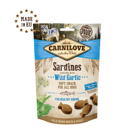CARNILOVE CANINE SNACK SEMI HUMEDO SARDINAS AJO CAJA 10X200G