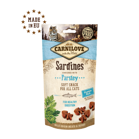 CARNILOVE FELINE SNACK SEMI HUMEDO SARDINAS PEREJIL 12X50GR